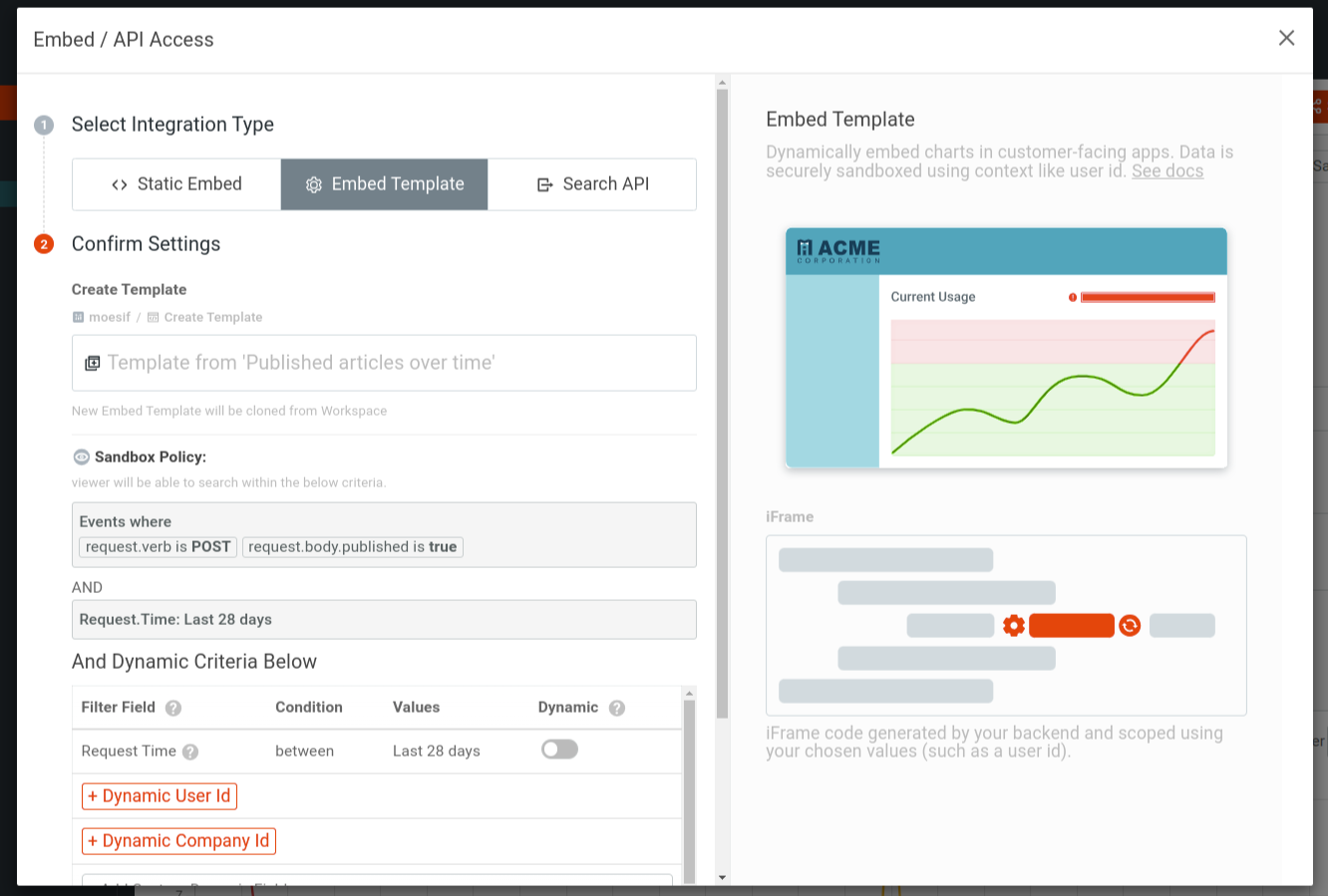 Selecting Embed Template integration type