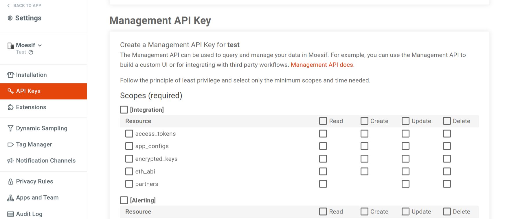 The Management API Key section in settings