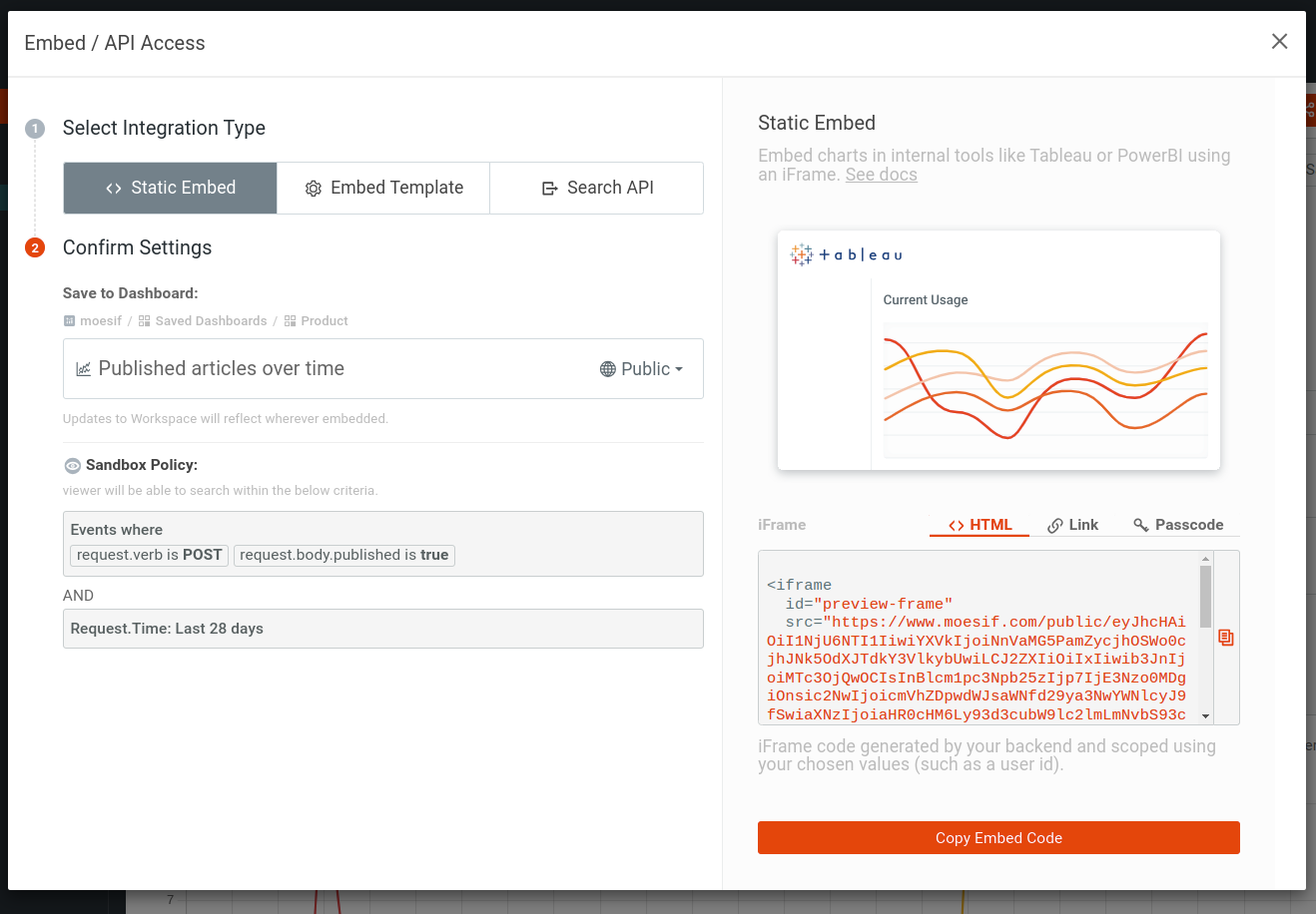 Selecting Static Embed integration type and confirming its settings