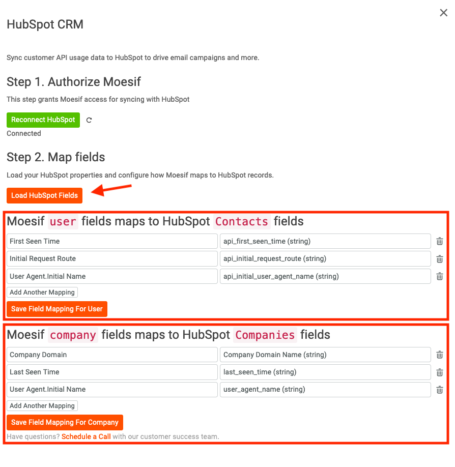Map Moesif fields to HubSpot Contact Records