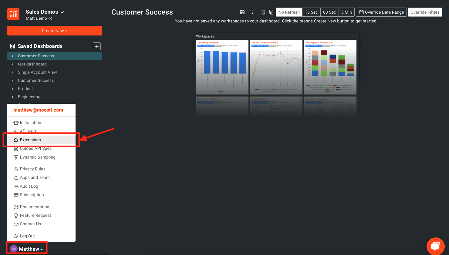 Extensions menu item in Moesif