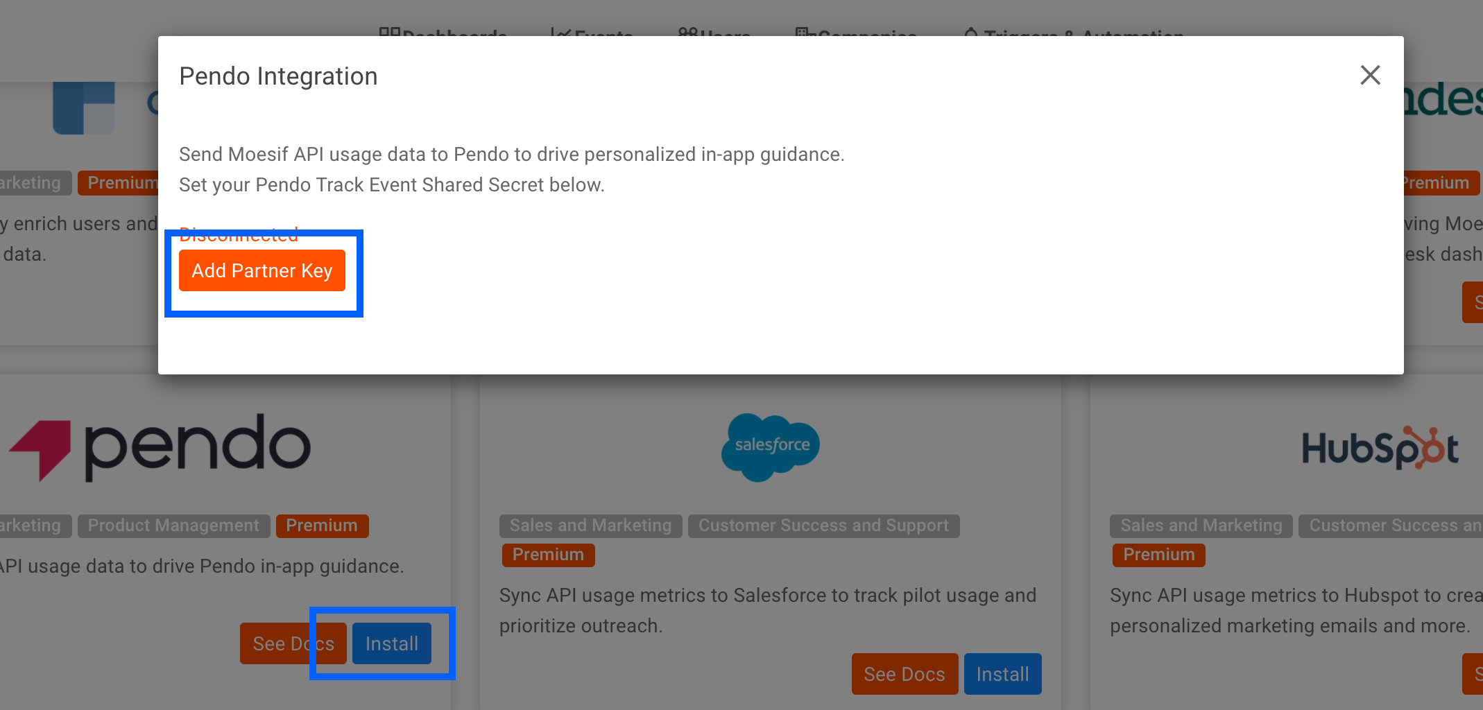 Add Pendo integration key to Moesif