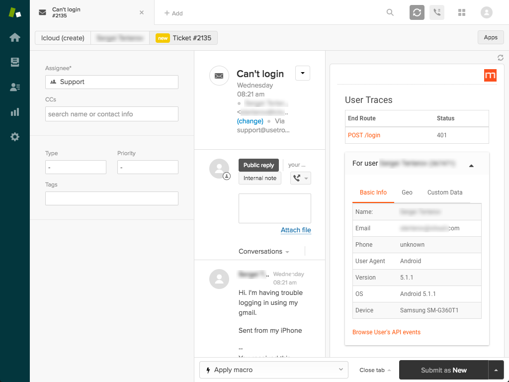 Zendesk technical support case