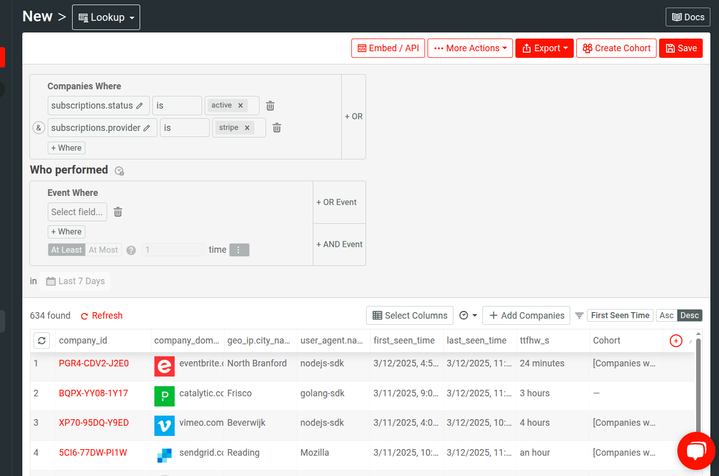 Filtering on subscription data in Moesif Company Lookup to see companies that have active subscriptions in Stripe.