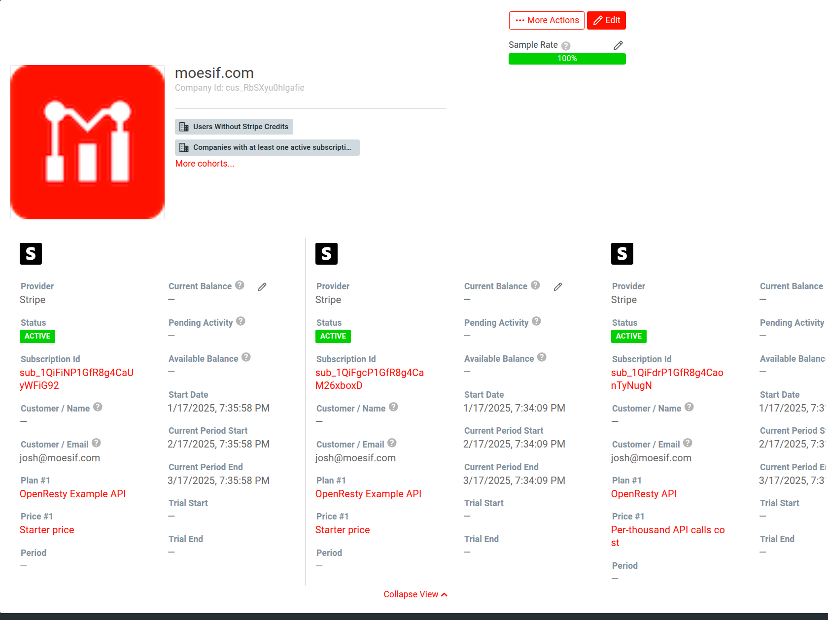 A Company Profile view of a Company in Moesif that has multiple Stripe subscriptions.