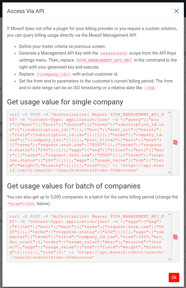 Dialog with details on how to access Billing Meter usage data through Moesif Management API