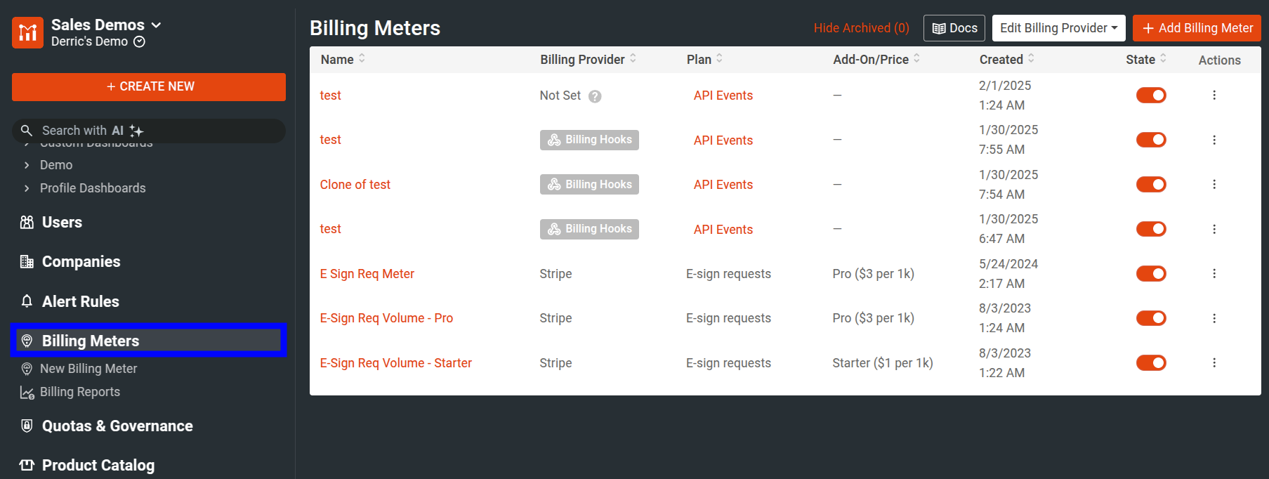 Billing Meters screen