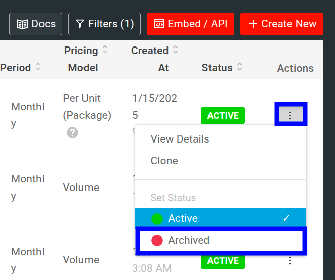 Archive price in Moesif from Action button
