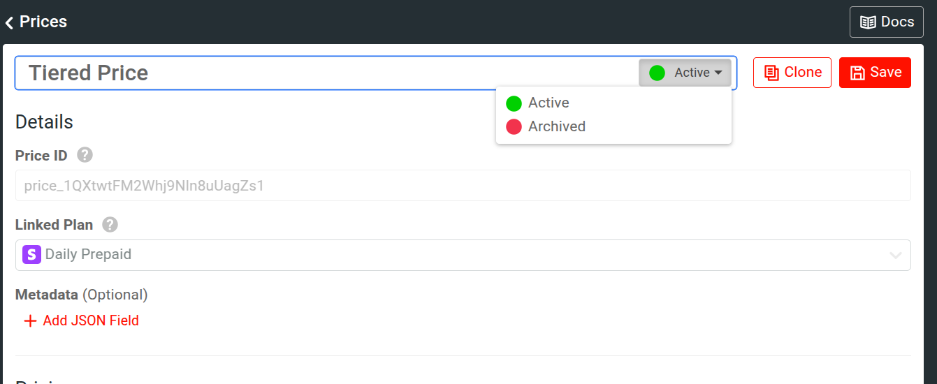 Price status dropdown in Moesif