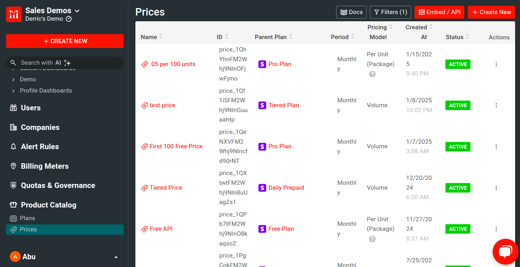 Prices Navigation in Moesif