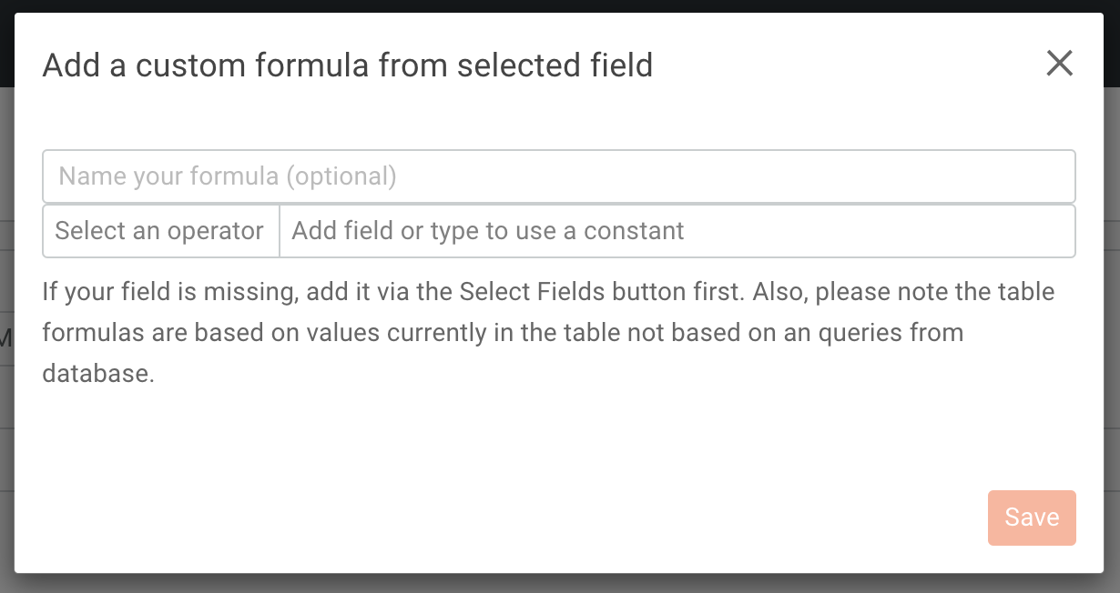 Dialog to enter custom formula details for adding a custom column in a Cohort data table