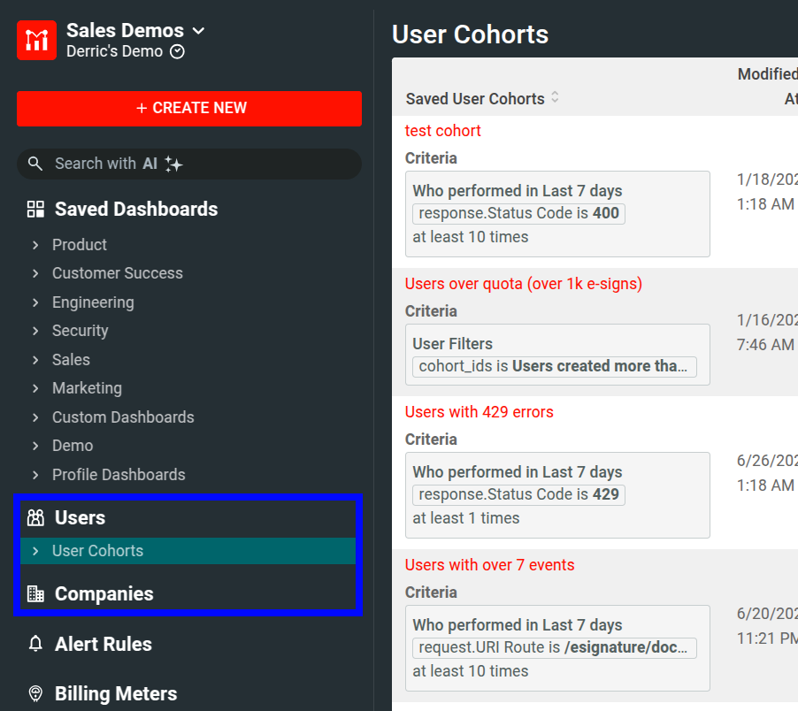 View previously saved user cohort