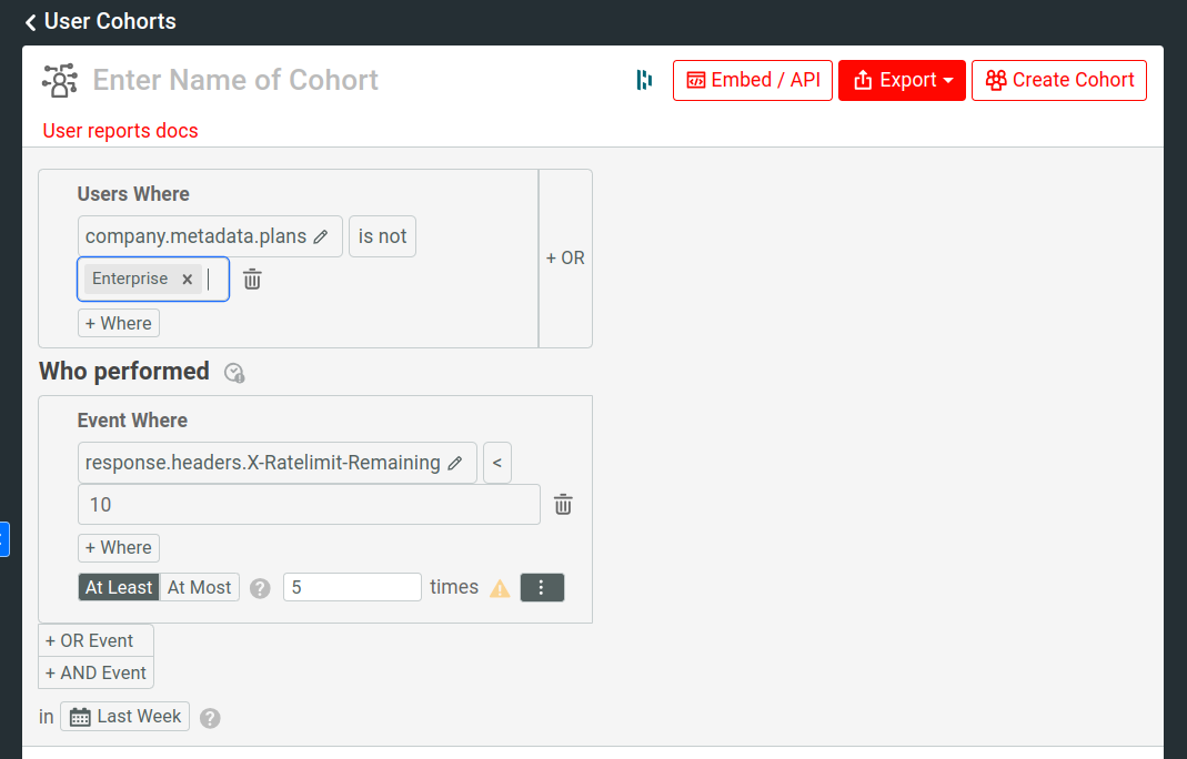 Create cohort of users approaching rate limits