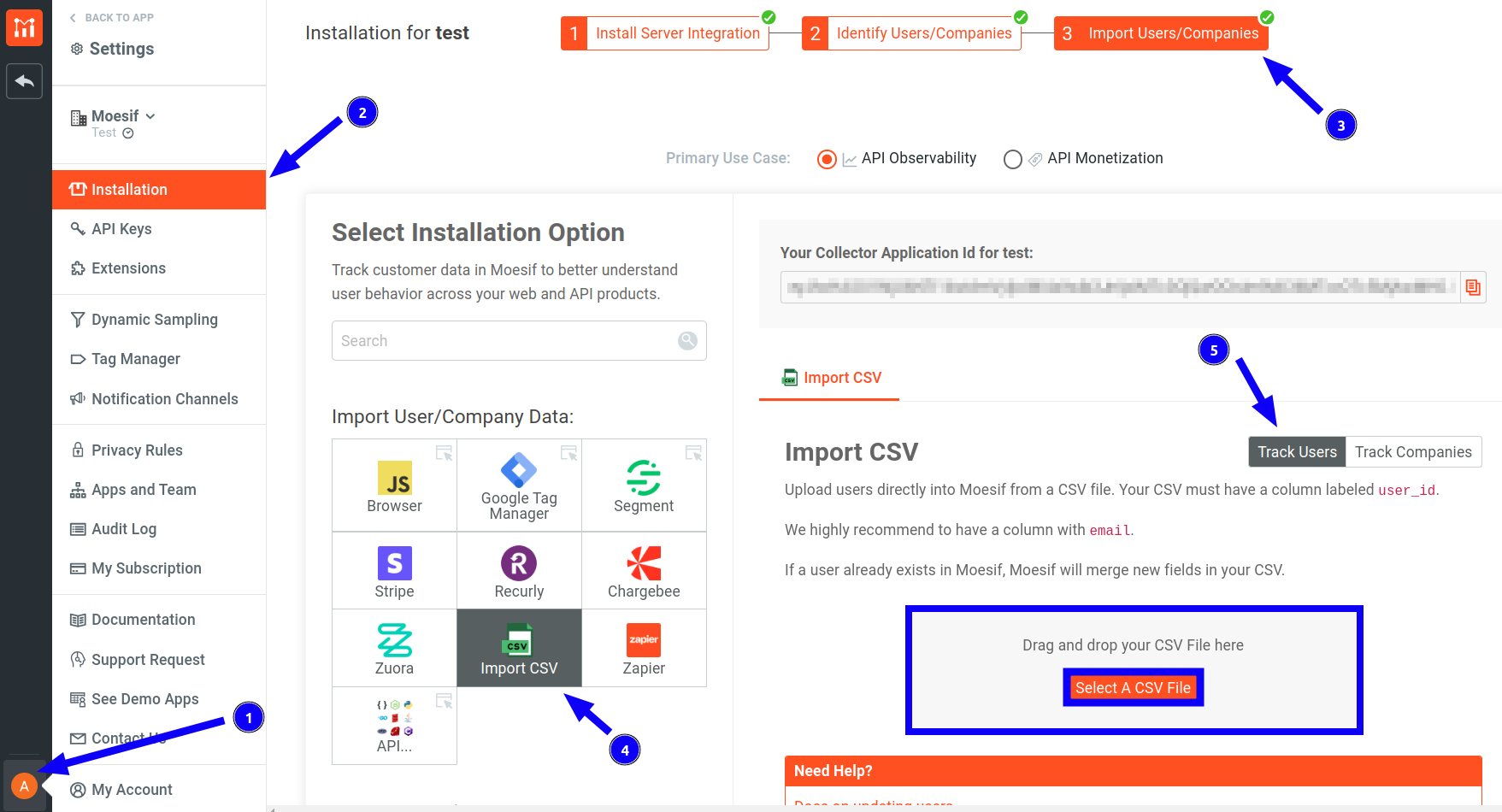 Settings screen showing user CSV import