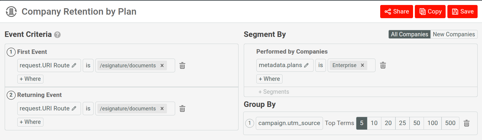 Moesif retention chart filters for a group by example