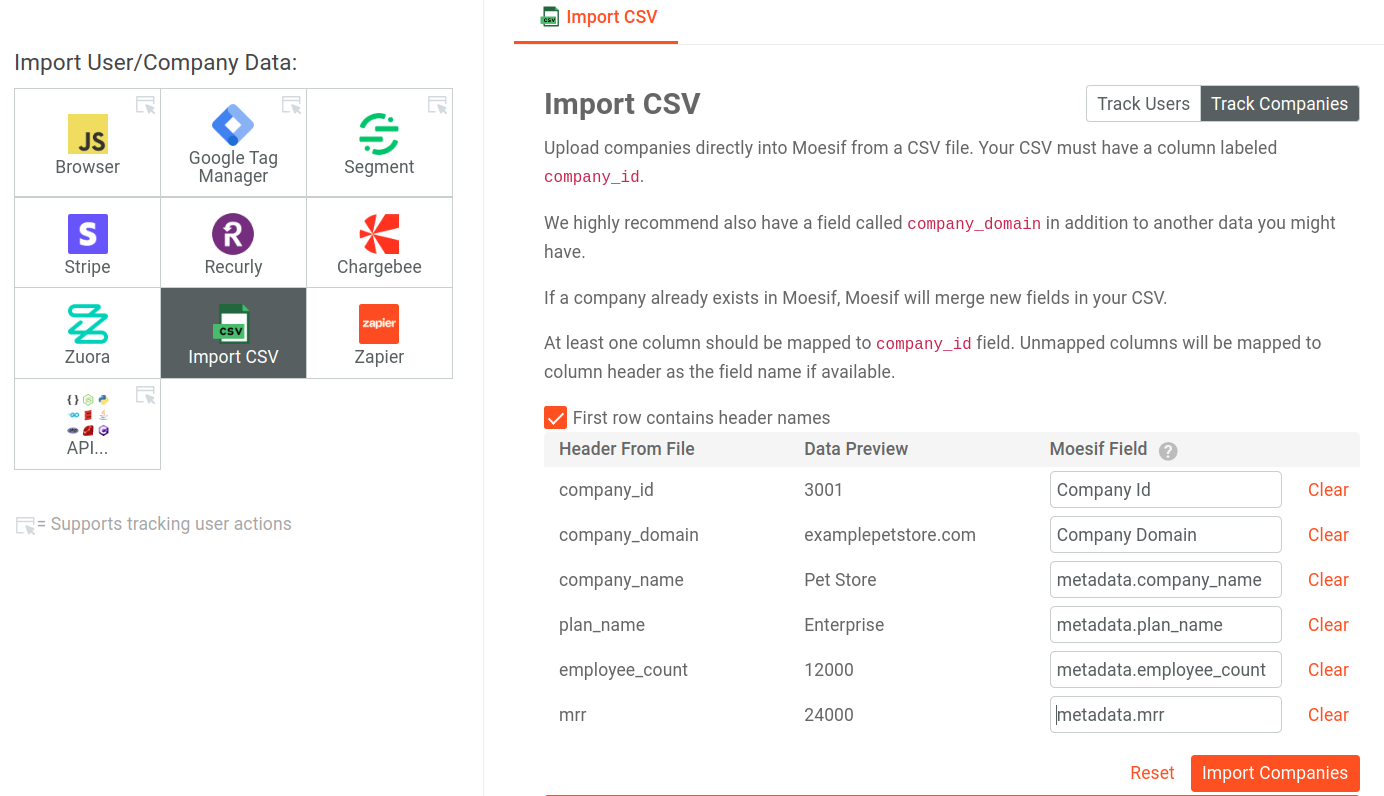 Settings screen showing company csv import