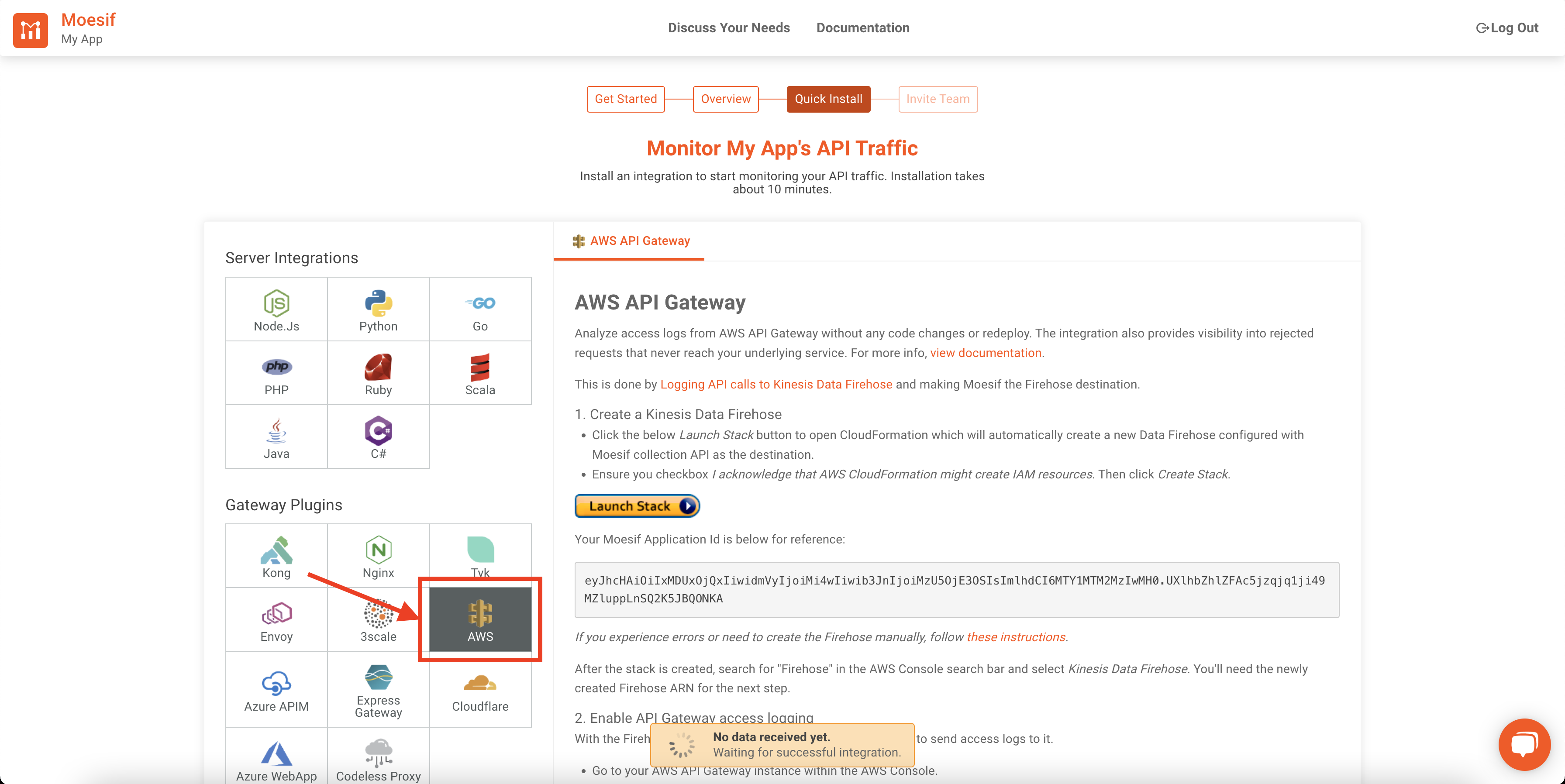 Moesif config screen with AWS Gateway integration info displayed