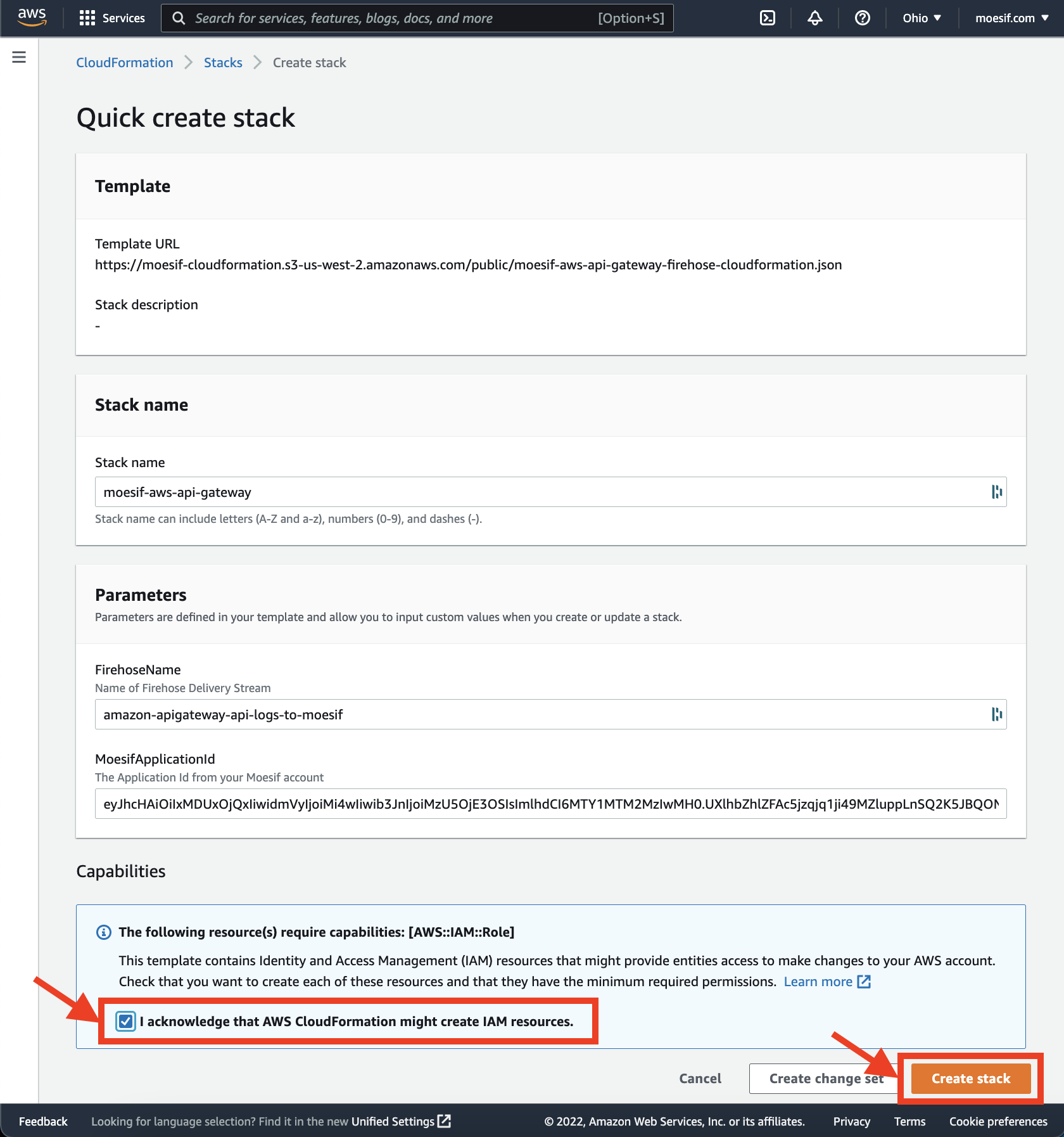 CloudFormation create stack screen