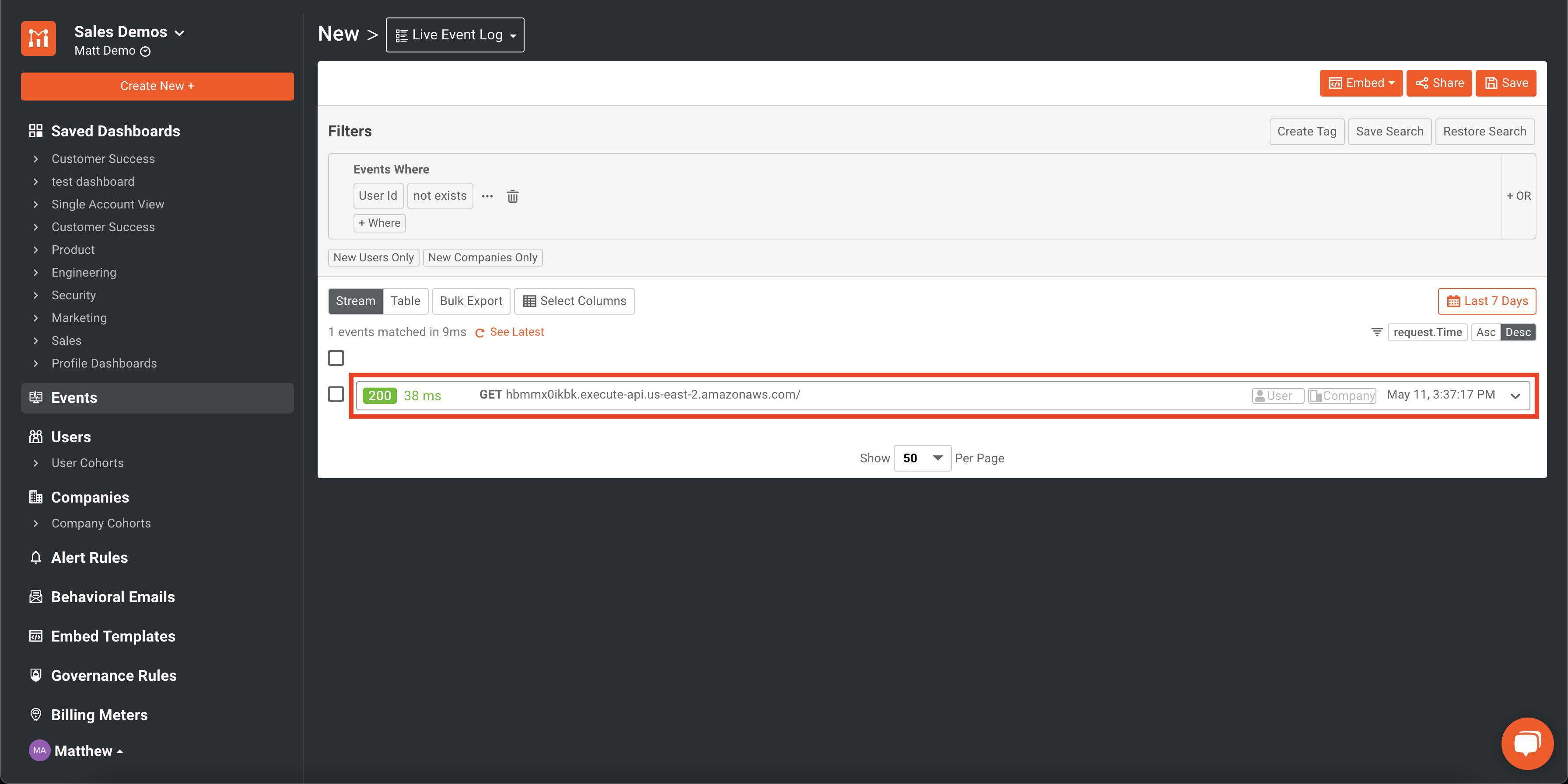 Moesif dashboard with event received