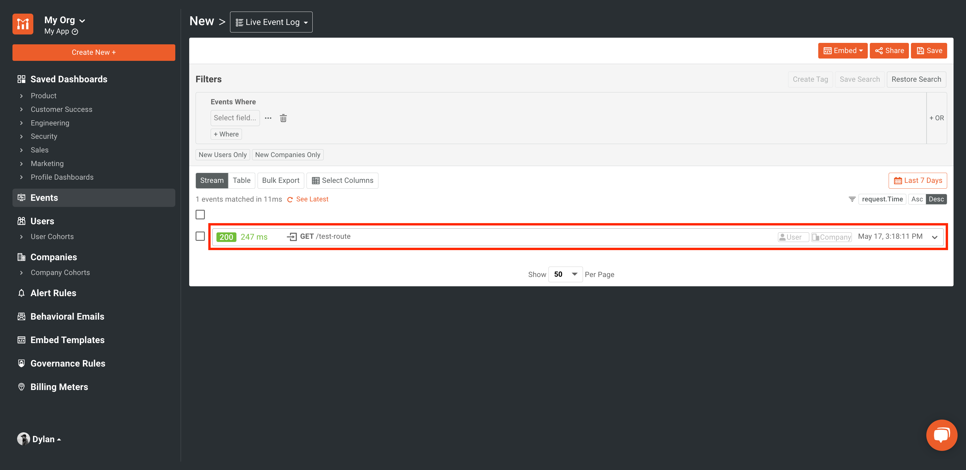 Moesif Dashboard with Received Event
