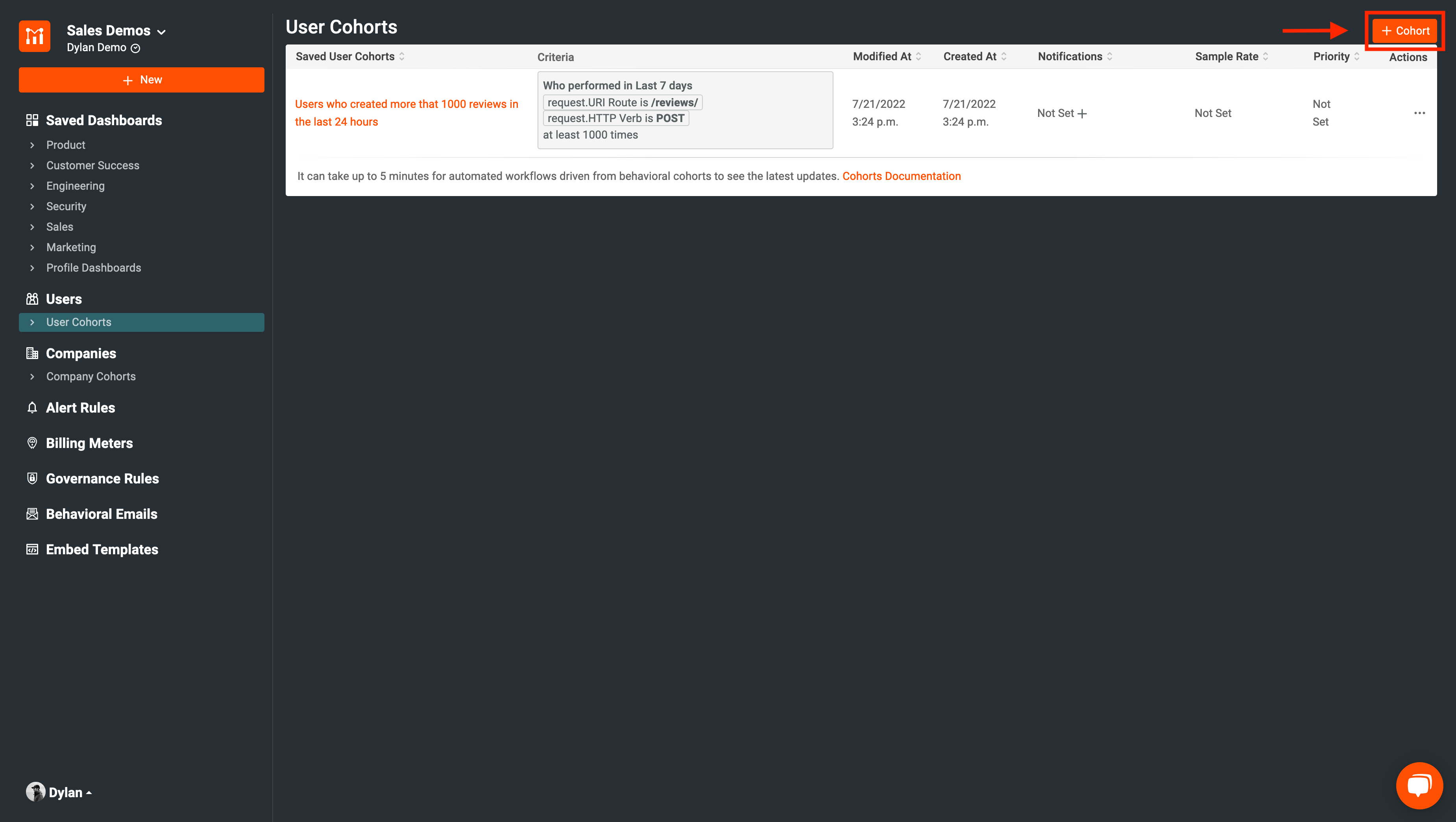 Create new cohort button