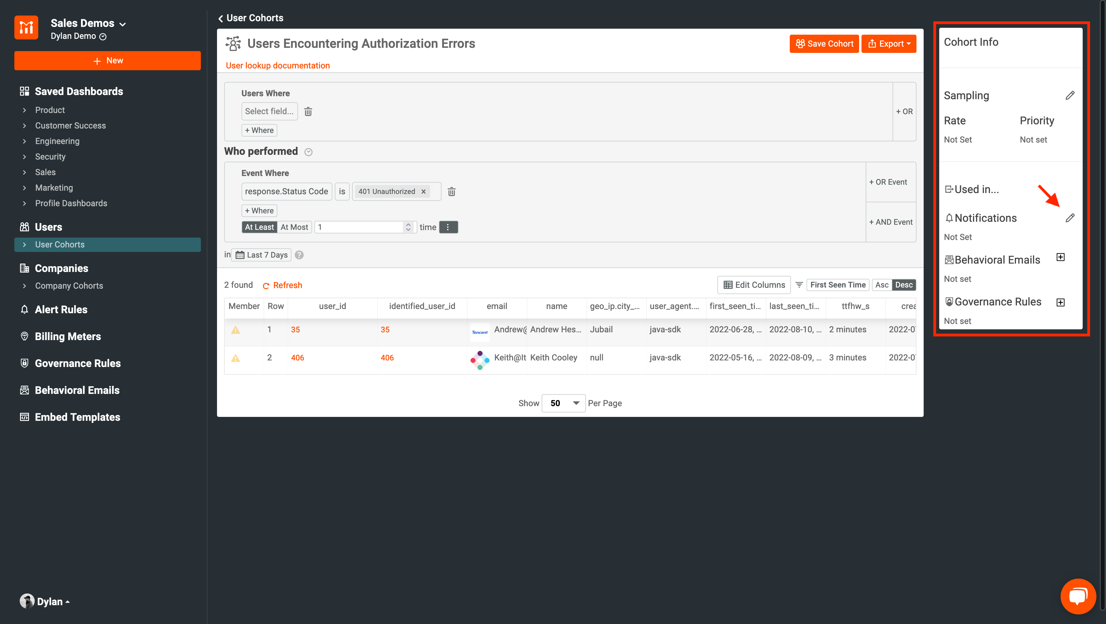 Select notifications on cohort info pane