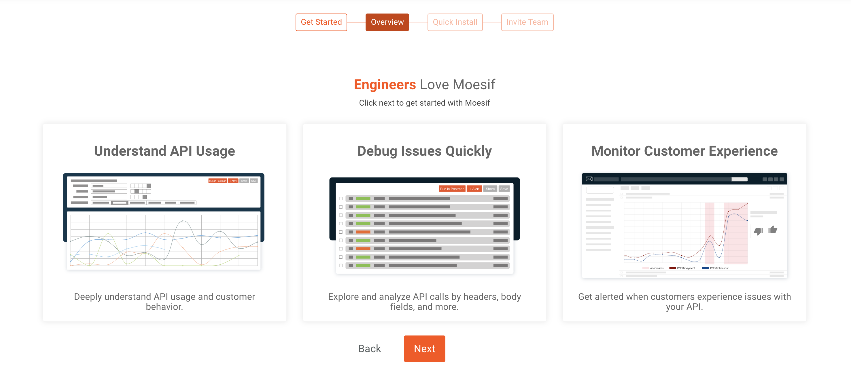 Moesif getting started overview screen