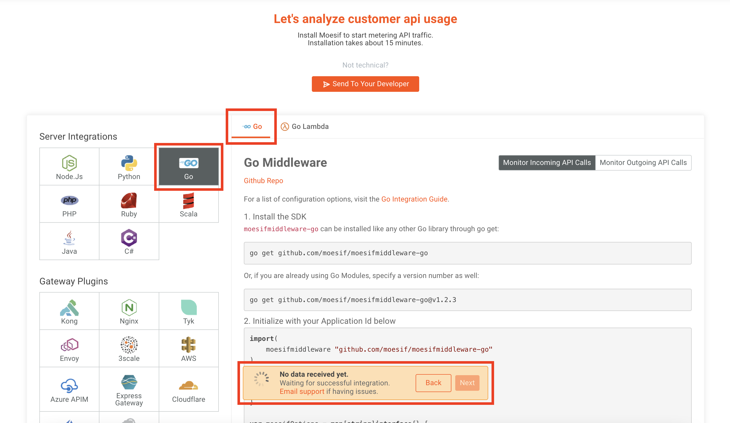 Moesif choose Go SDK screen
