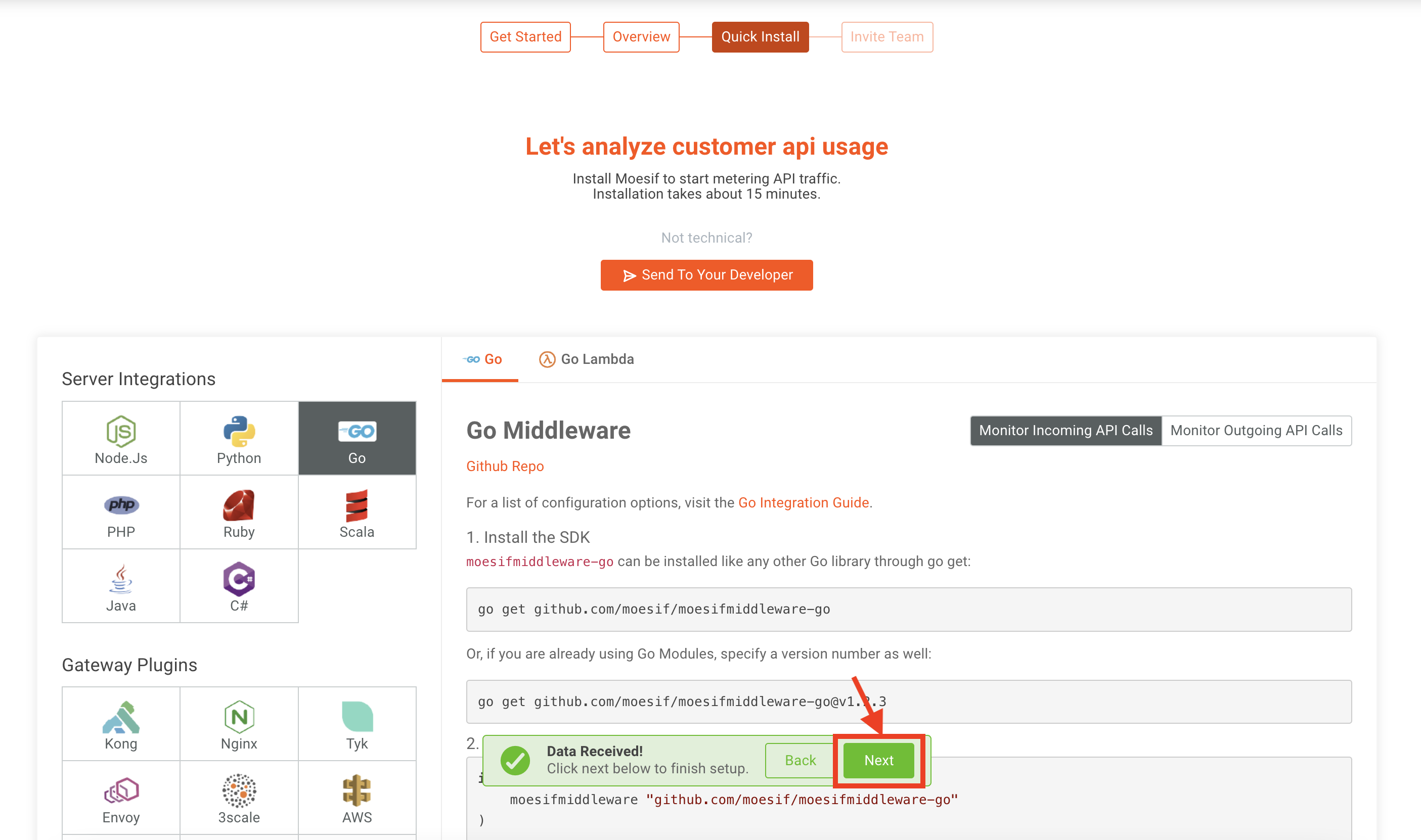 Moesif data received screen