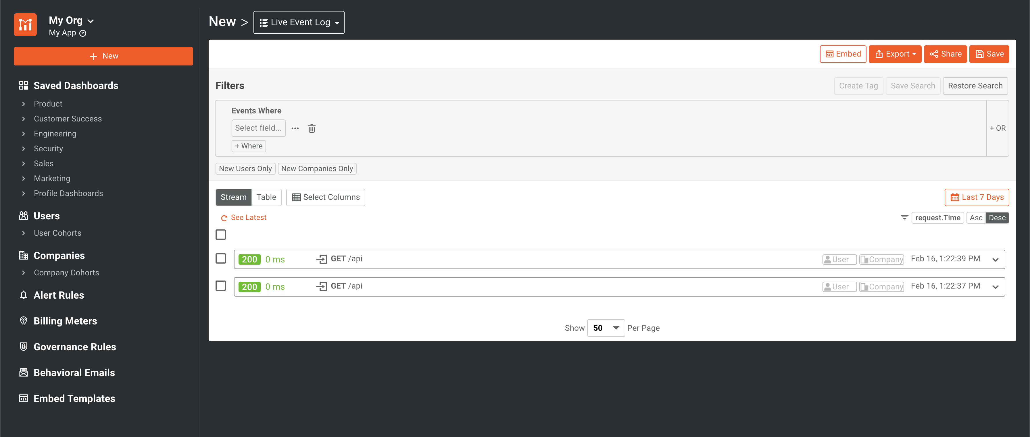 Moesif live event log screen