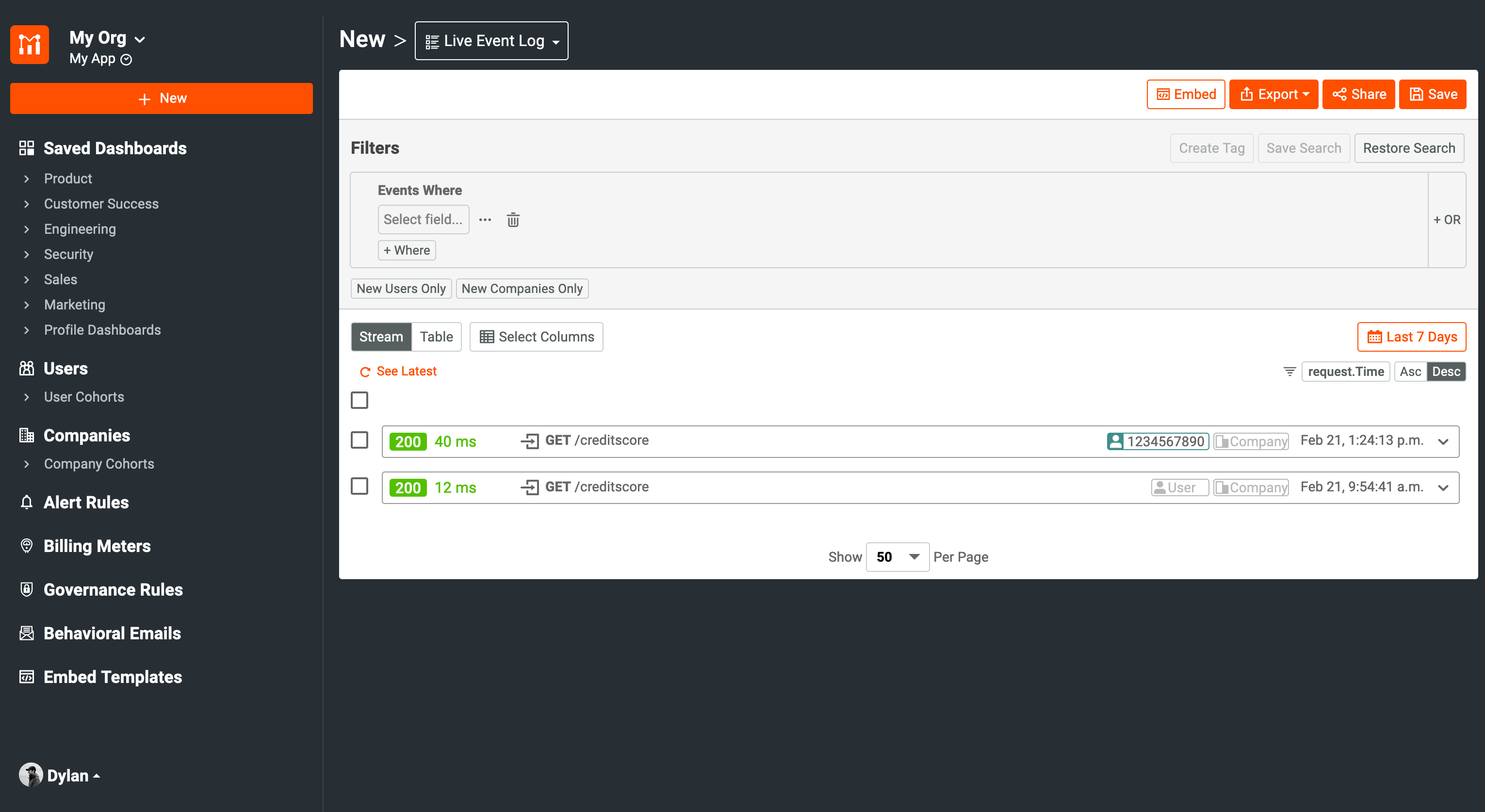 Moesif Live Event Log showing tracked user