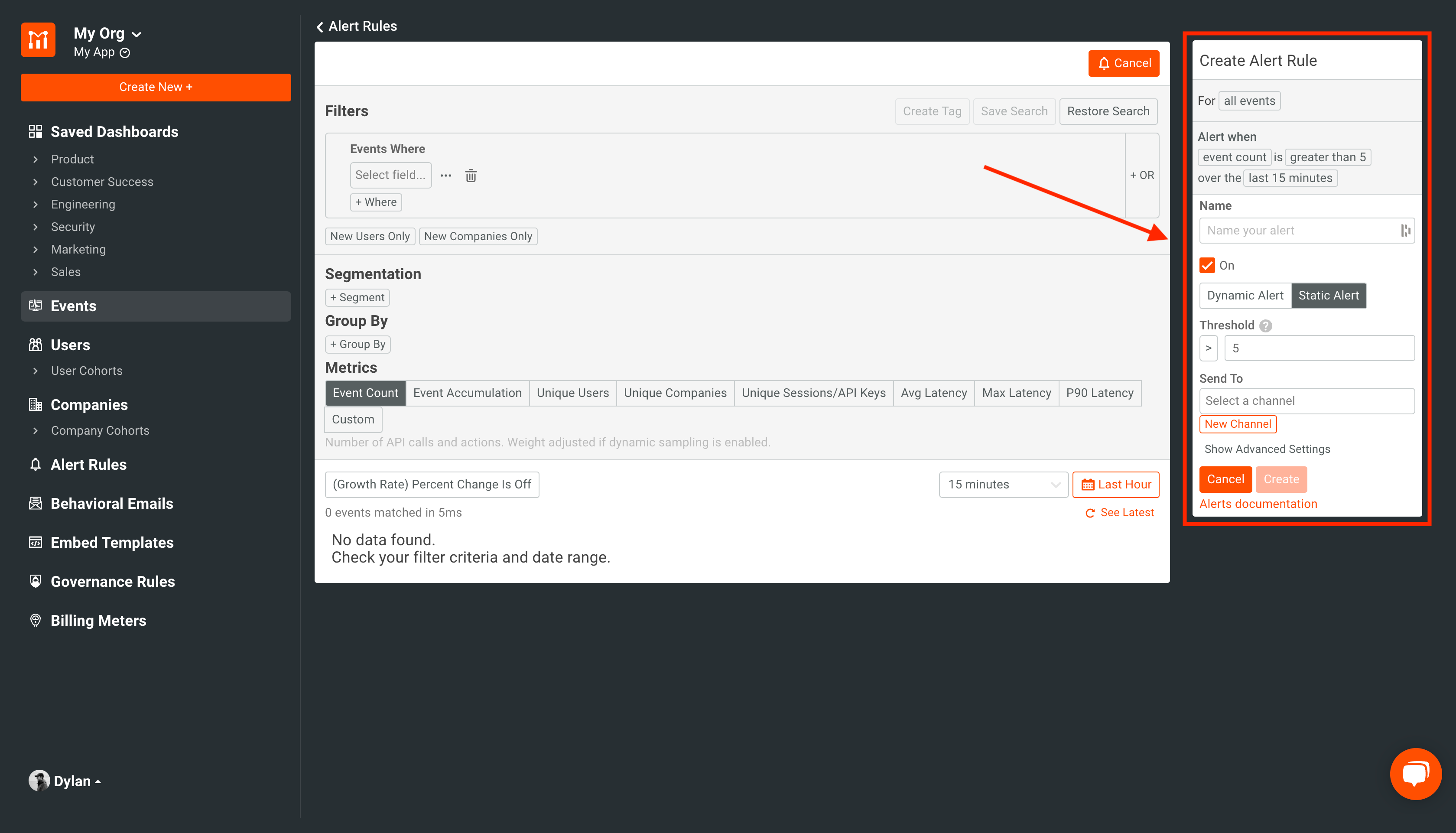 Moesif create alert input screen