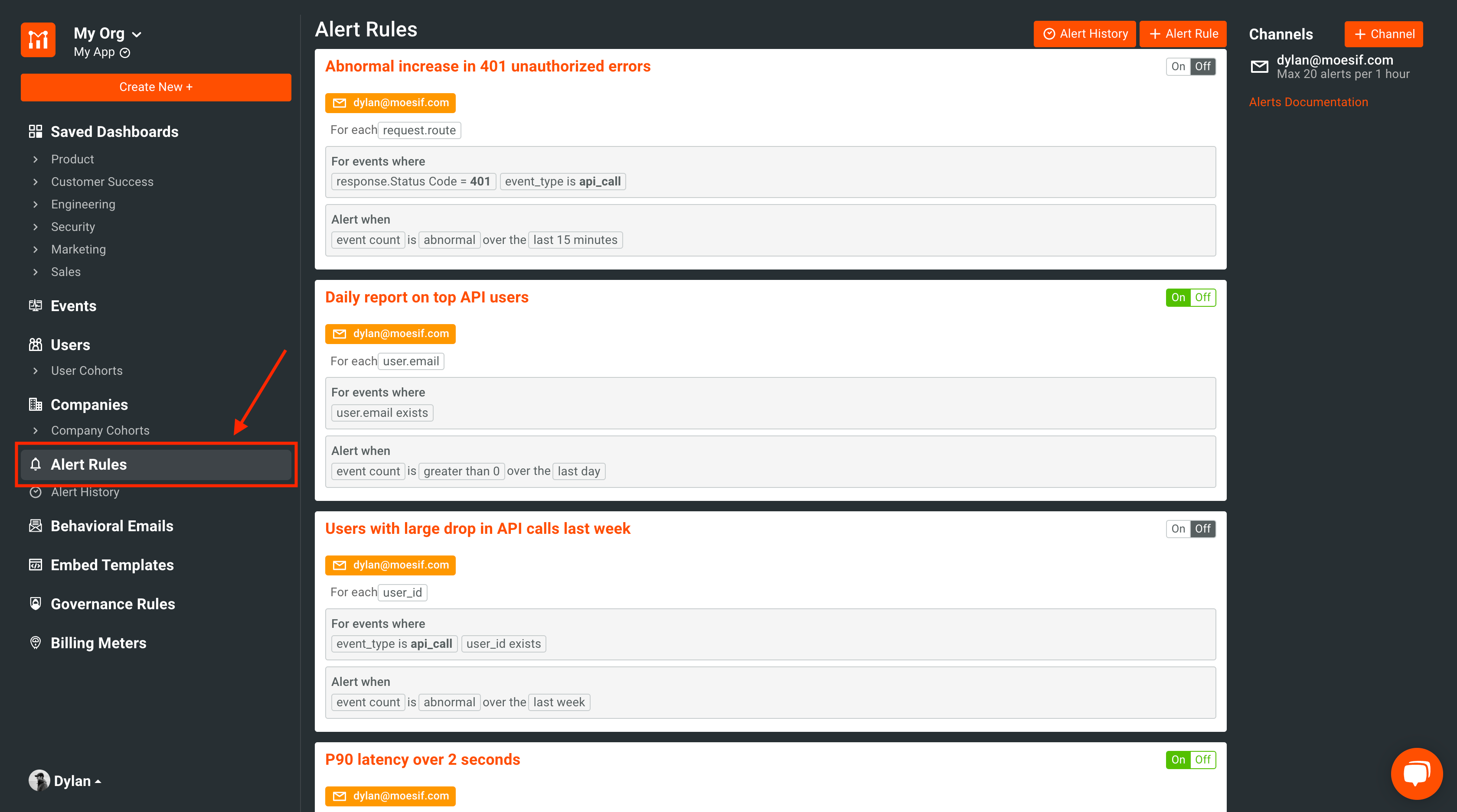 Moesif Alerts dashboard screen