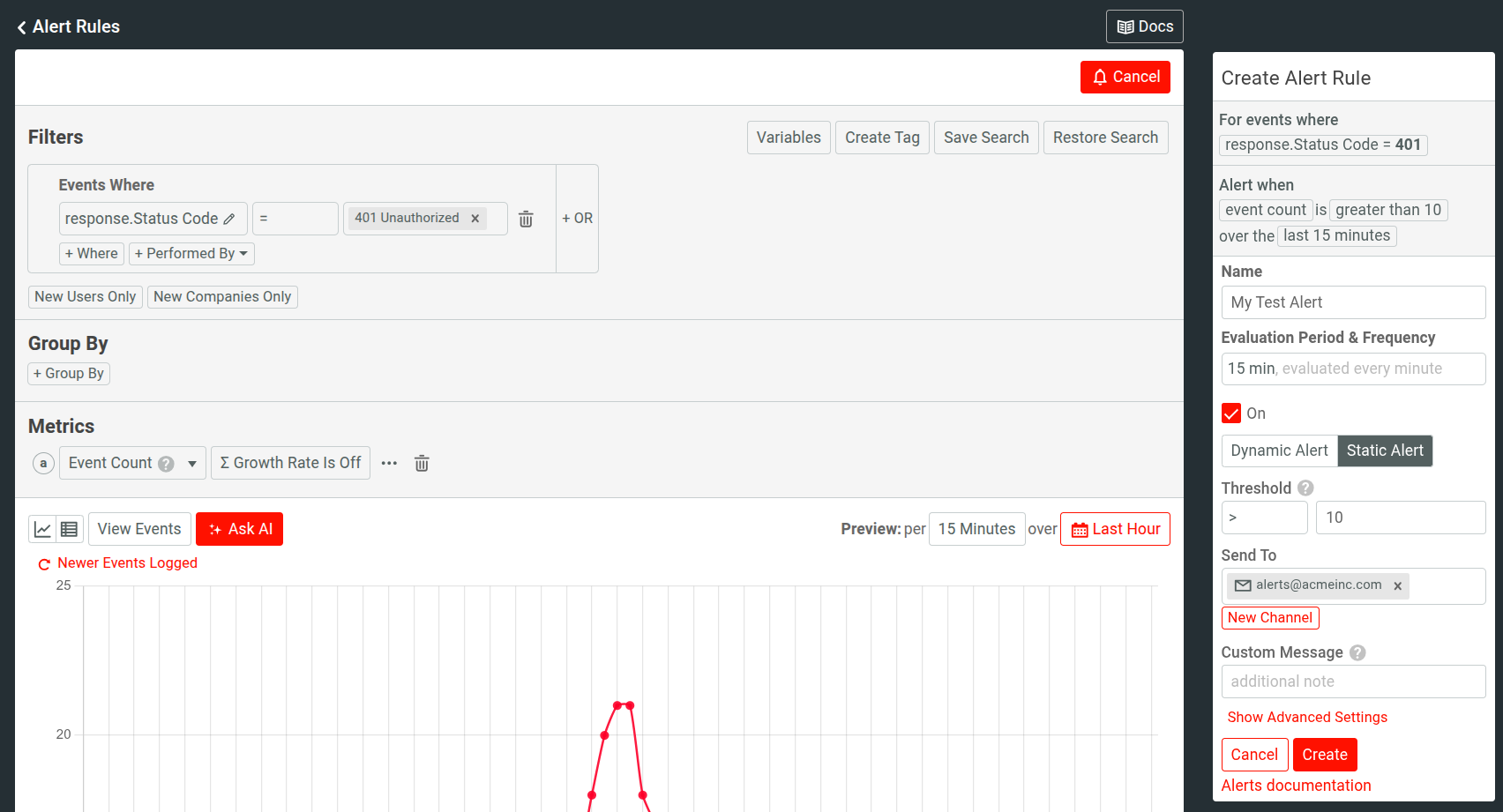 Moesif confirm alert filter criteria