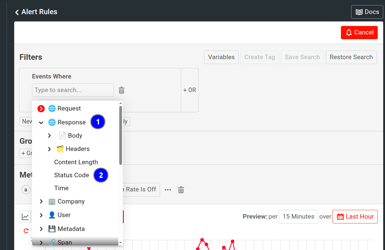 Moesif alert filter field dropdown