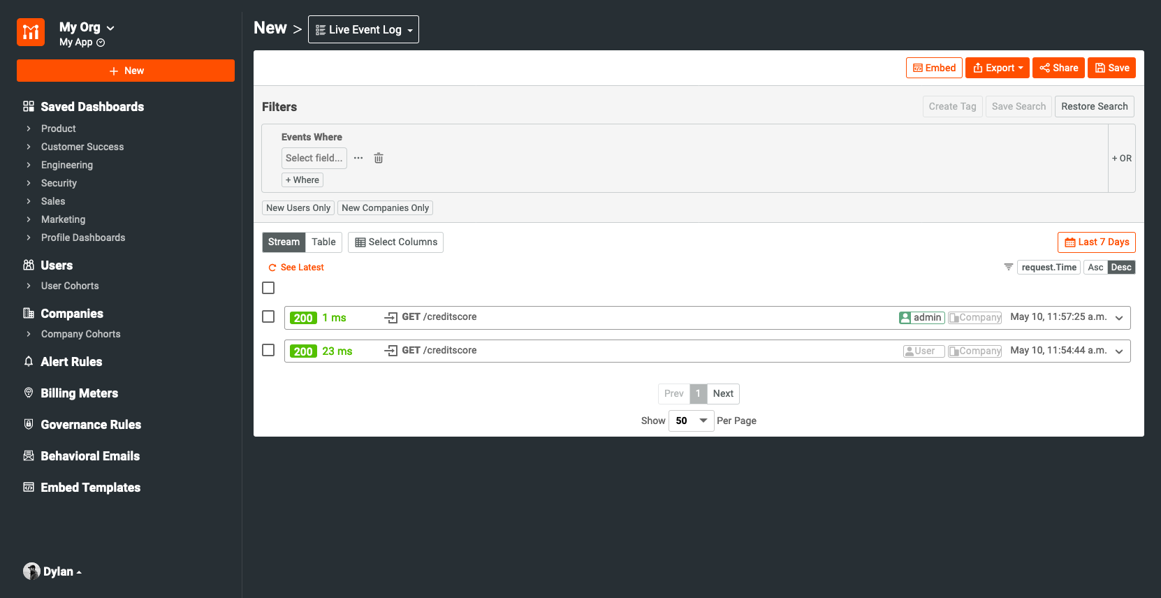 Moesif Live Event Log showing tracked user