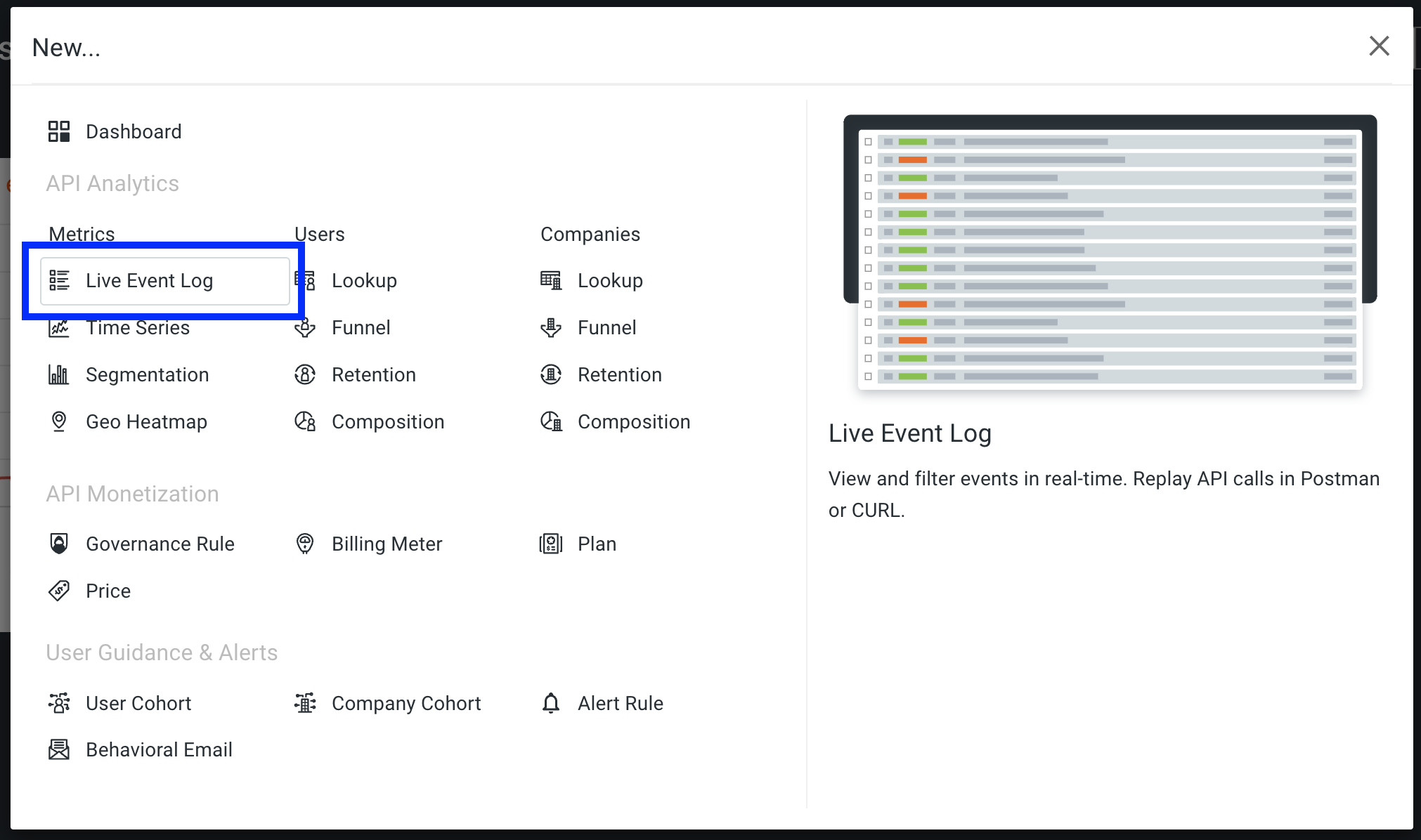 Moesif live event log in +new modal