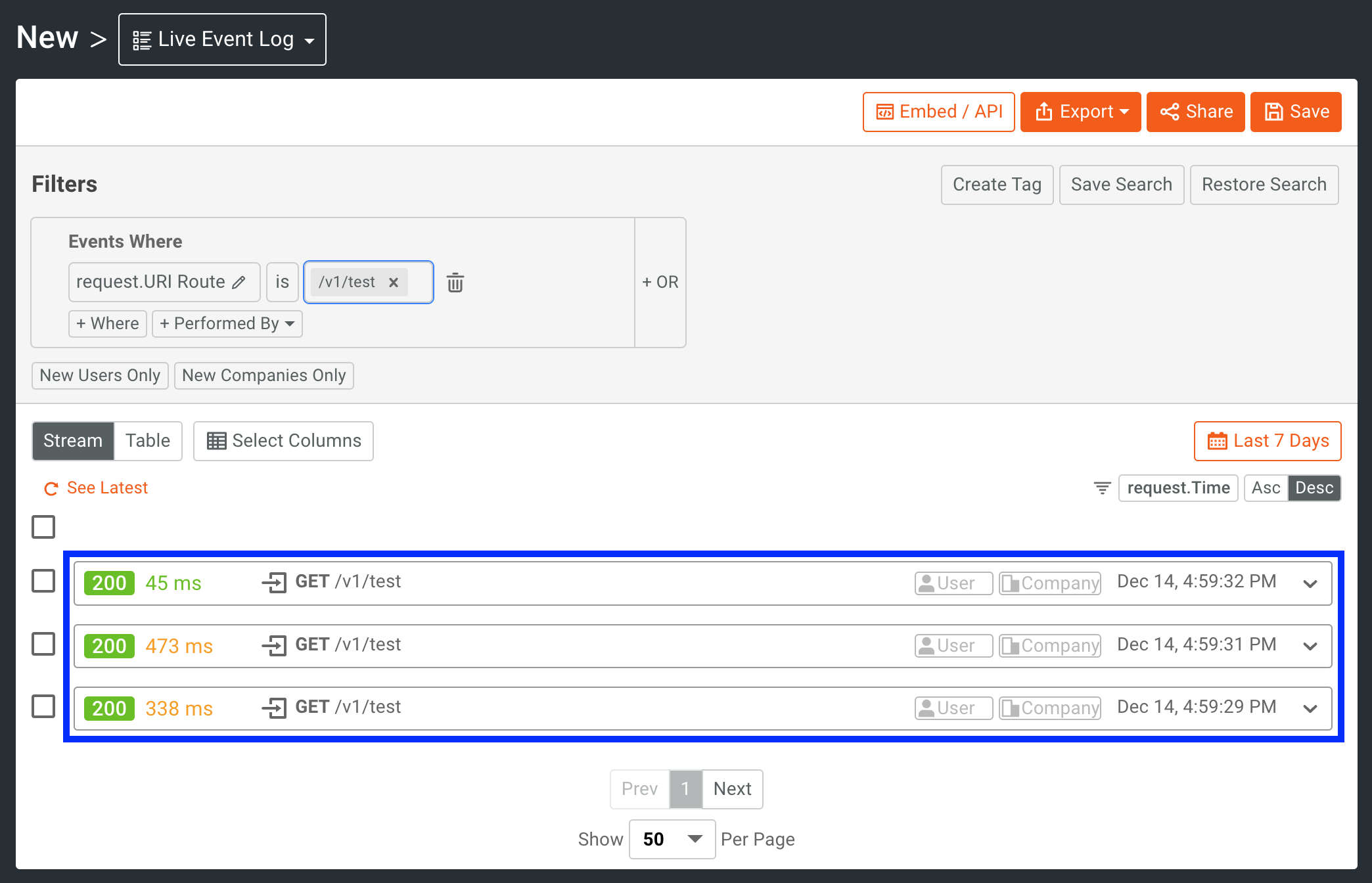 Moesif live event log with KrakenD requests showing