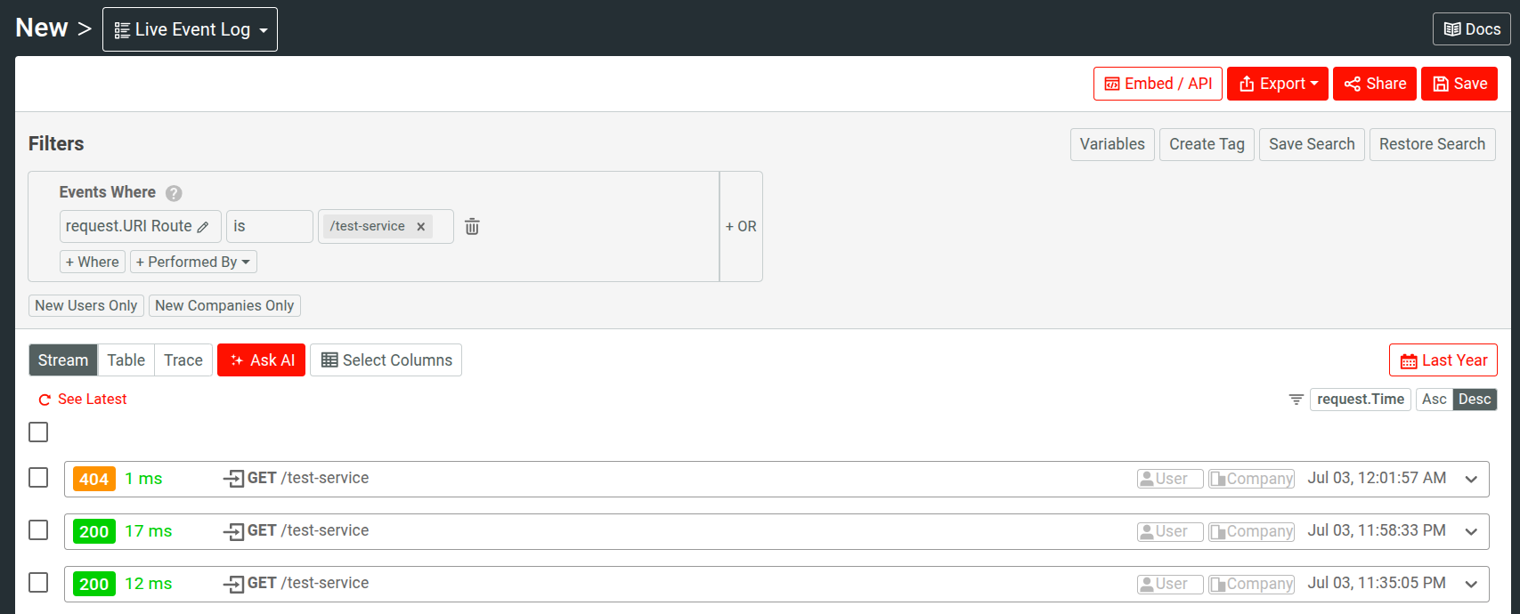 Moesif live event log screen
