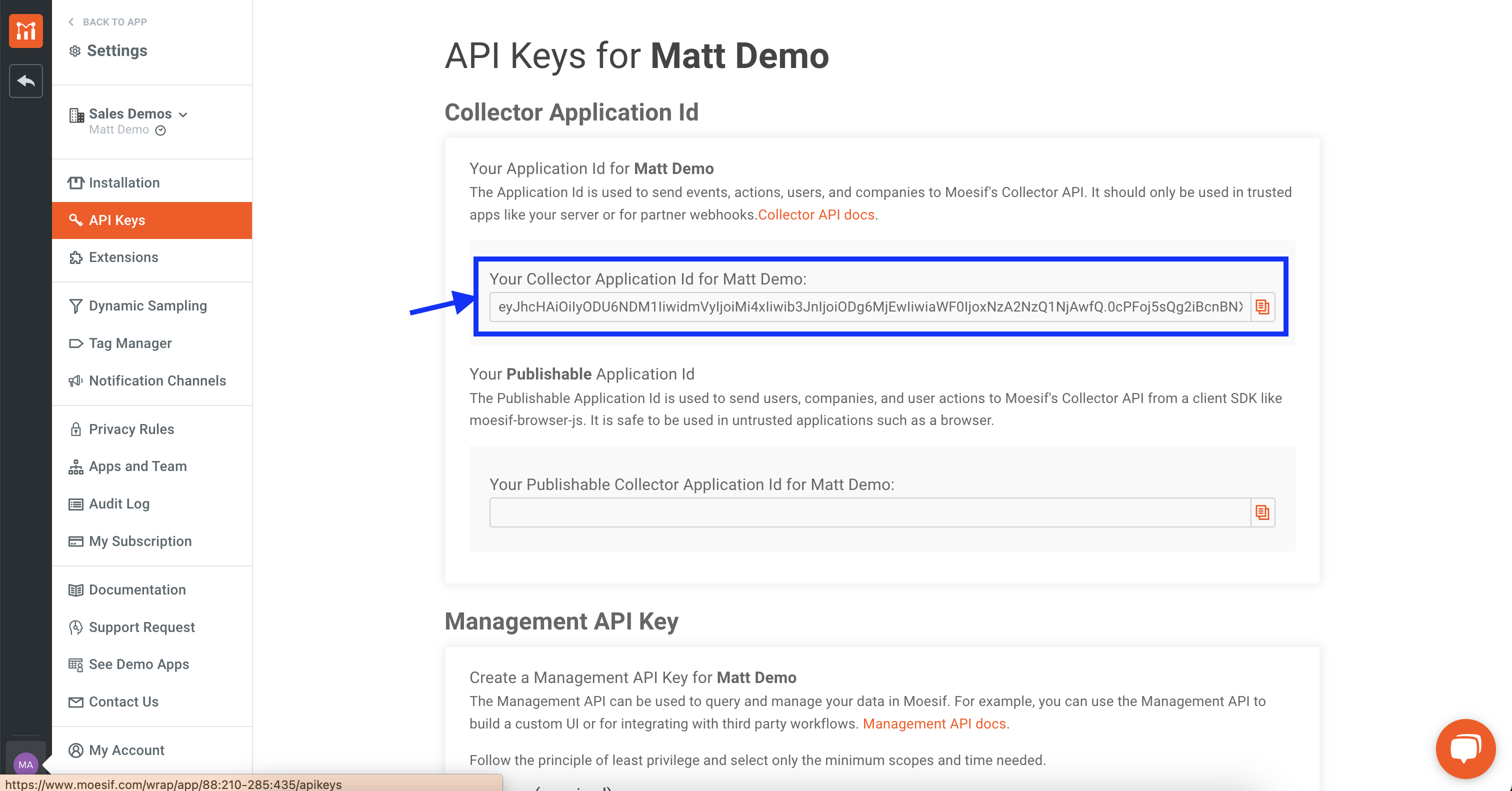 Moesif Collactor API key