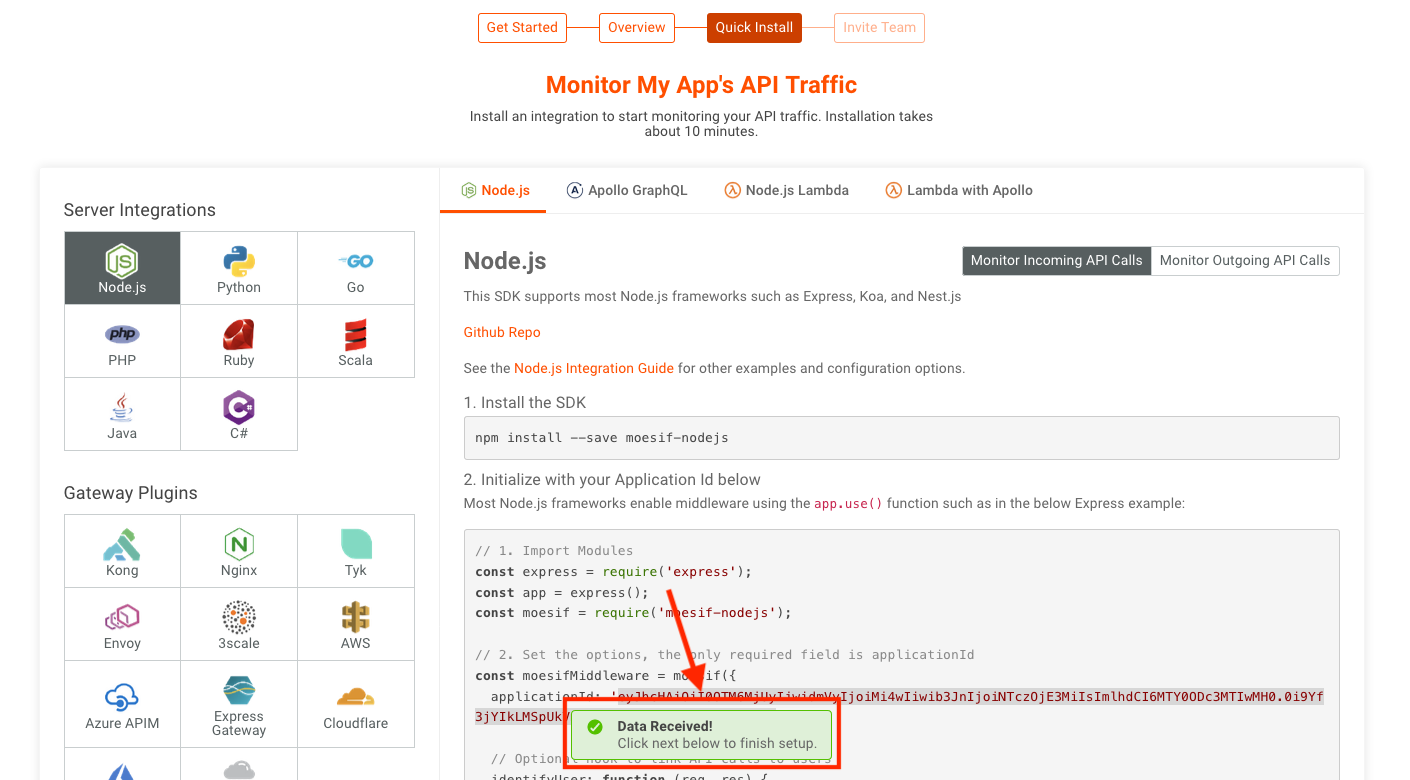 Moesif data received onboarding screen