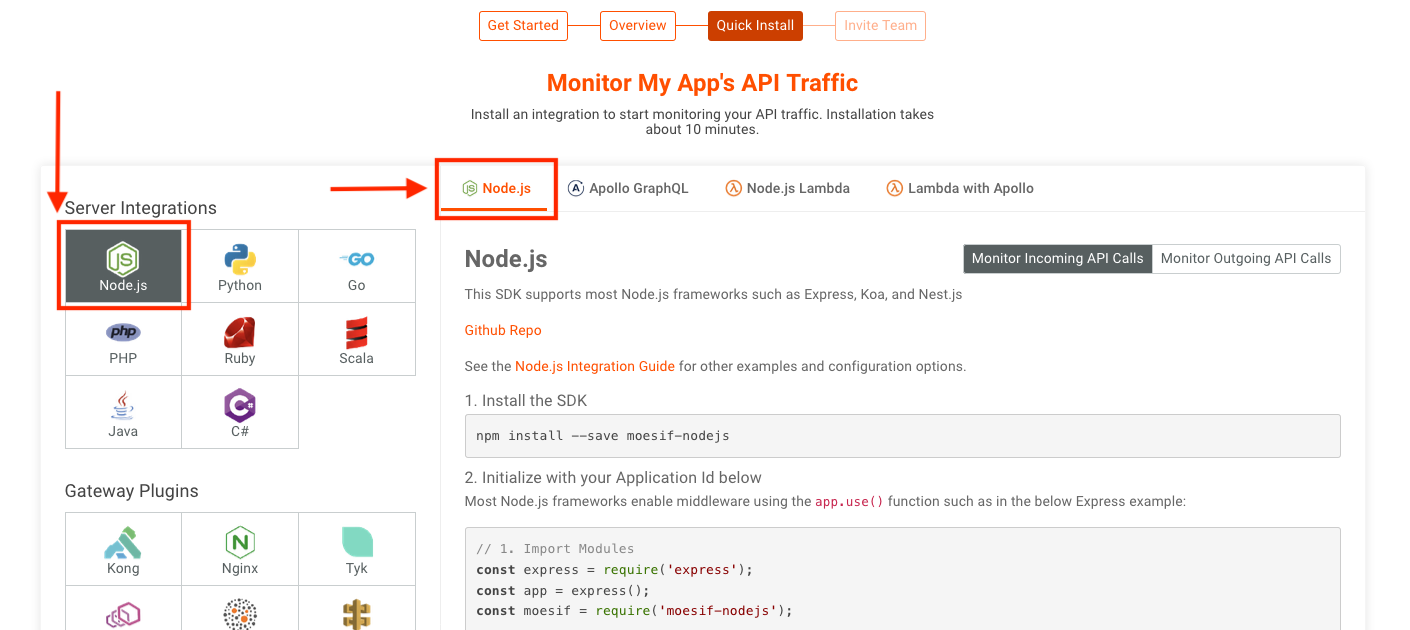 Moesif config screen with Node integration info displayed