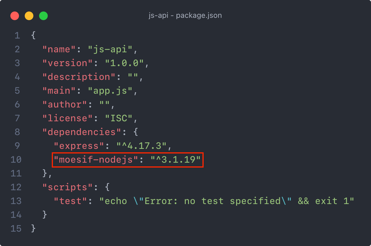 package.json screen sample with moesif-js package