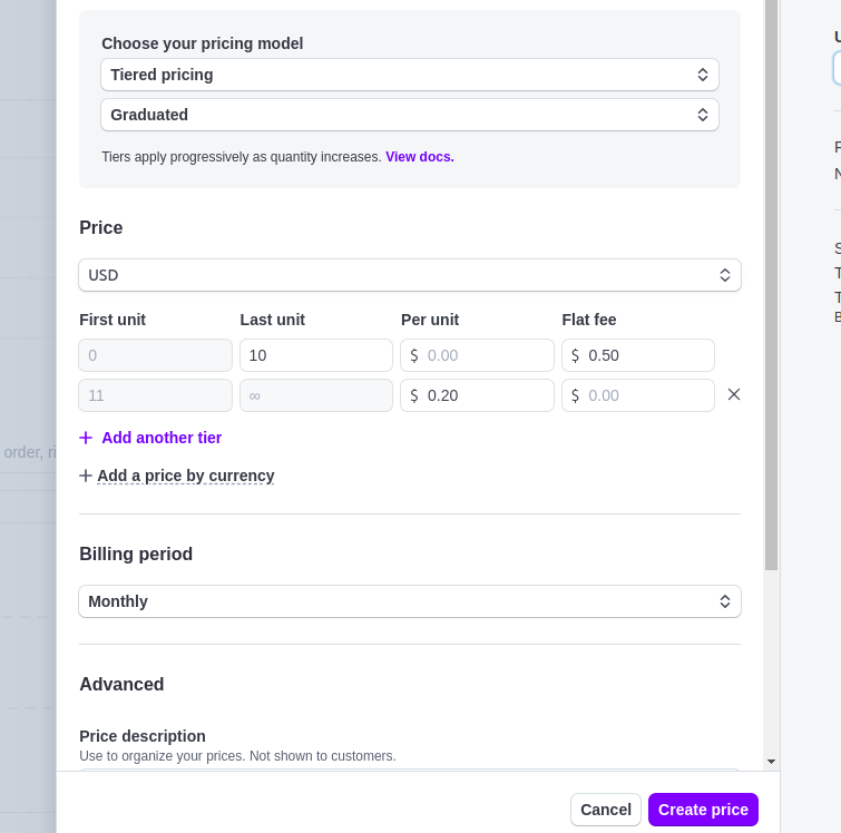 Example pricing in Stripe to implement overage charge