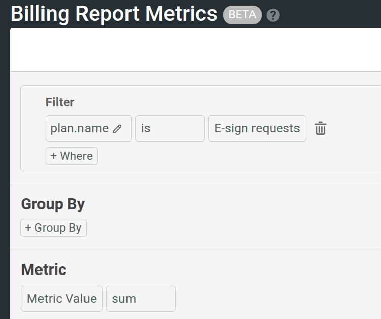 Filtering by a specific plan name in a Billing Report Metrics screen