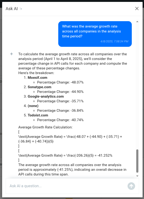Using Ask AI to find the average growth rate for companies in the time series.