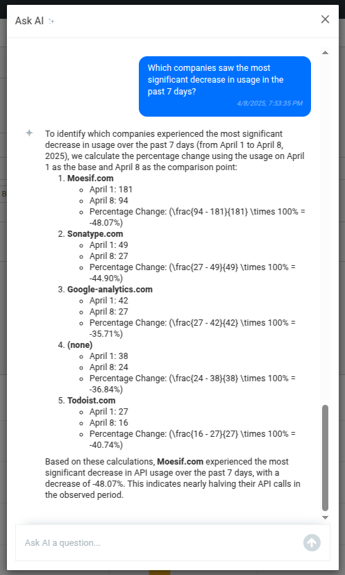 Using Ask AI to find companies with declining growth in the time series analysis.