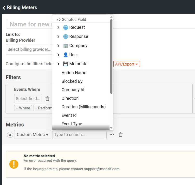 A list of event and analytics data elements in Moesif Billing Meter that you can set as the billable metric. The metrics list in a Moesif Billing Meter.