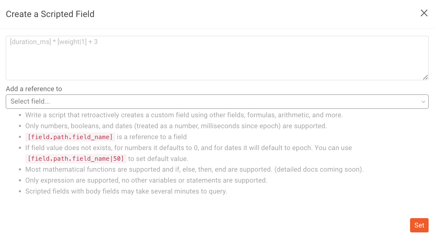 Creating a new scripted field. 'Create a Scripted Field' dialog in Moesif.