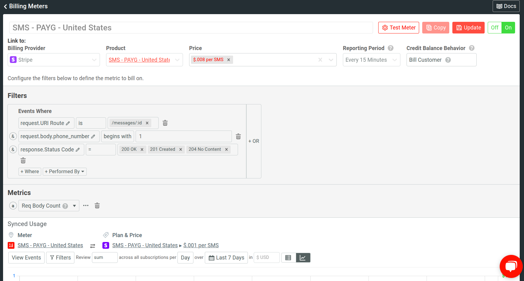 A Billing Meter in Moesif for a telecommunications API that meters on the number of distinct people reached through SMS. An example billing meter in Moesif for a telecommunications API.